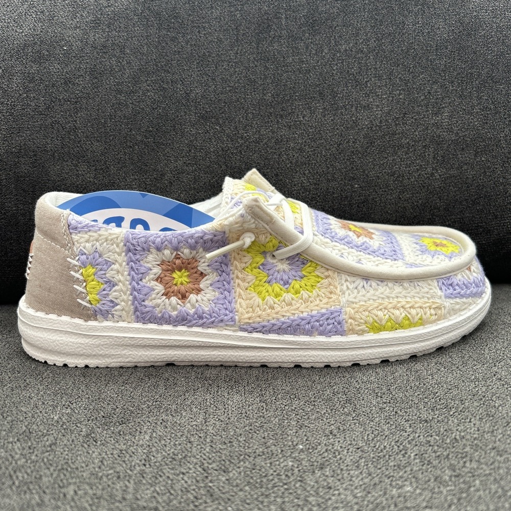 Hey Dude Wendy Cottage Crochet Shoes Womens 7 Egret Lavender Granny Square Boho
